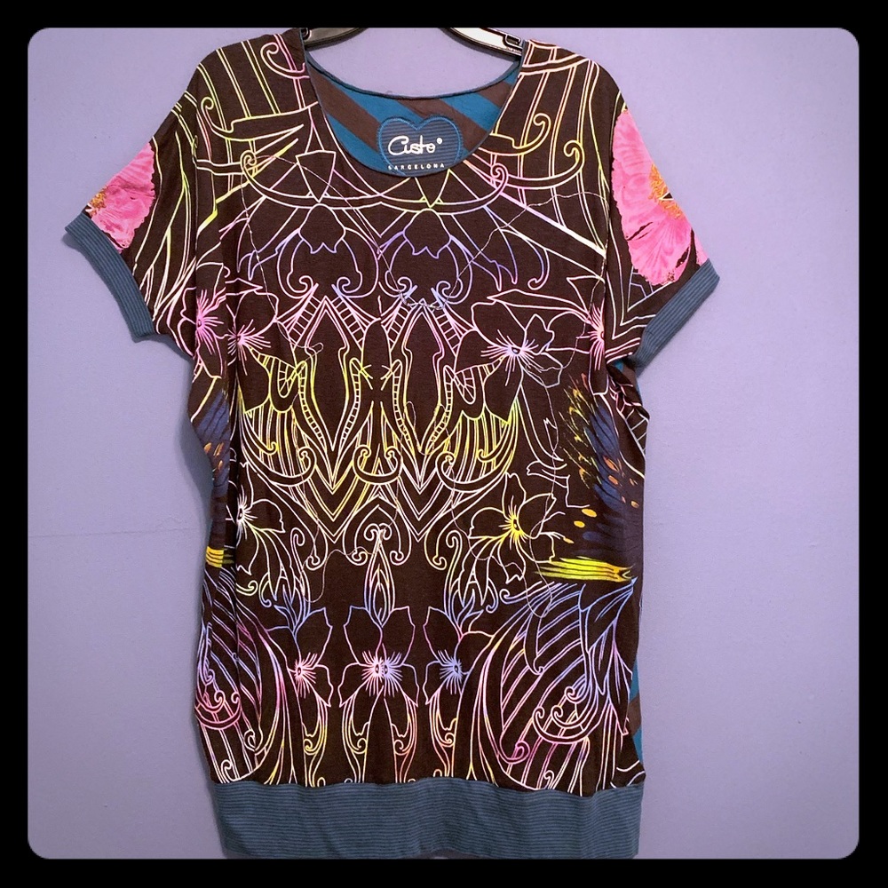 Custo Barcelona Brown Floral Graphic Tunic with Pink and Yellow Accents